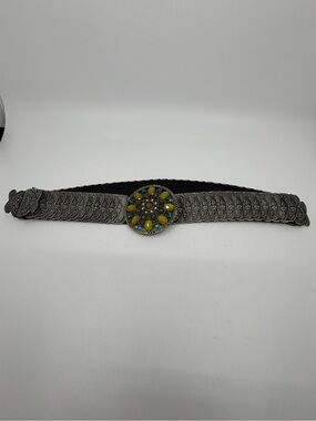 Boho Silver-Tone Filigree Belt with Yellow Turquoise Medallion